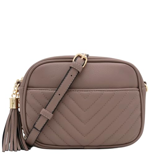 Image of FashionPuzzle Chevron Quilted Crossbody Camera Bag with Chain Strap and Tassel