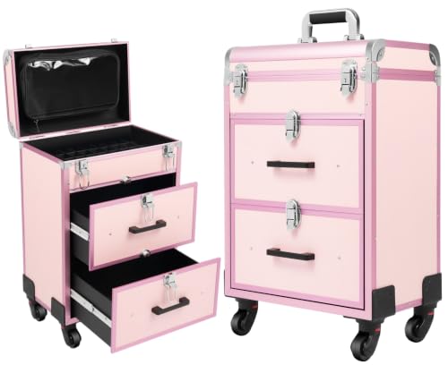 GDAE10 Rolling Makeup Case with 3 Layers, 2 Drawers, 40 Small Compartments, Pink Cosmetic Trolley with Locks,Makeup Train Case, Modern Cosmetics Storage Organizer,for Makup Artist,22.4 * 14.2 * 9.1in