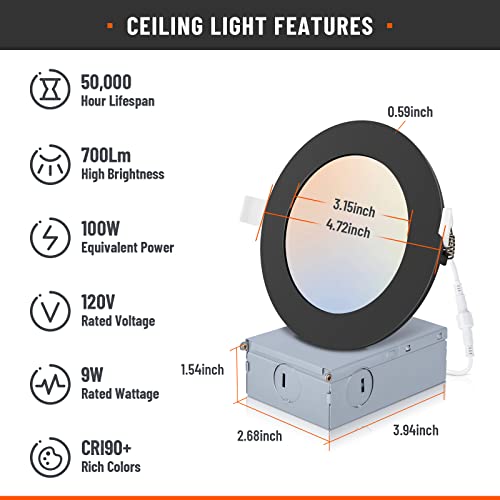 12 Pack Recessed Lighting 4 Inch With Junction Box, 5Cct 4 Inch Black Led Recessed Lights Dimmable 2700K/3000K/4000K/5000K/6000K, 9W 700Lm Ultra Thin Recessed Lighting - Etl And Energy Star Certified #TOP1