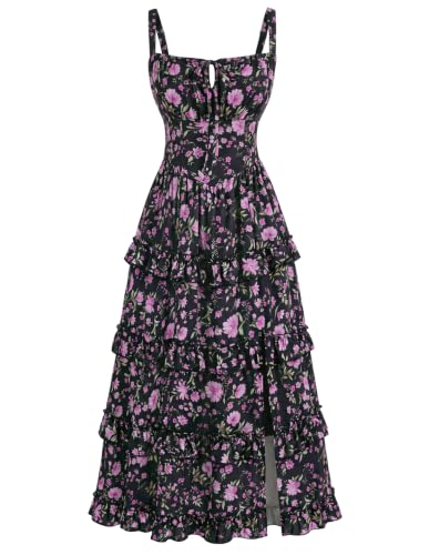 Women's Floral Corset Dress 2026 Summer Spring Wedding Guest Dresses Flowy Sundress with Pockets Black Pink Bloom M