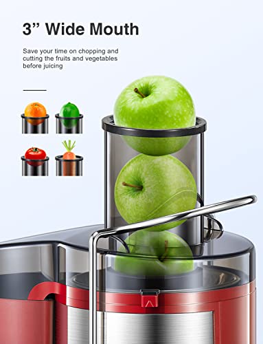 QCen Juicer Machine, 500W Centrifugal Juicer Extractor with Wide Mouth 3” Feed Chute for Fruit Vegetable, Easy to Clean, Stainless Steel, BPA-free (Red)
