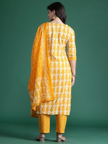 Image of INDO ERA Women's Pure Cotton Printed Straight Kurta & Pant with Dupatta Set