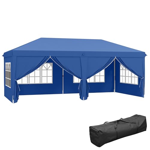 Outsunny 3 x 6 m Garden Pop Up Gazebo Wedding Party Tent Marquee Water Resistant Awning Canopy with Sidewalls Windows Carry Bag Blue