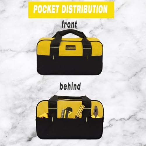 Image of FASTECH 14 Inch Tool Bag, Small Wide Mouth Tool Tote Bag, Waterproof Tool Organizer Bag, Electricians Repairman Tools Tote Bag Double Fabric Storage Bag (Yellow)