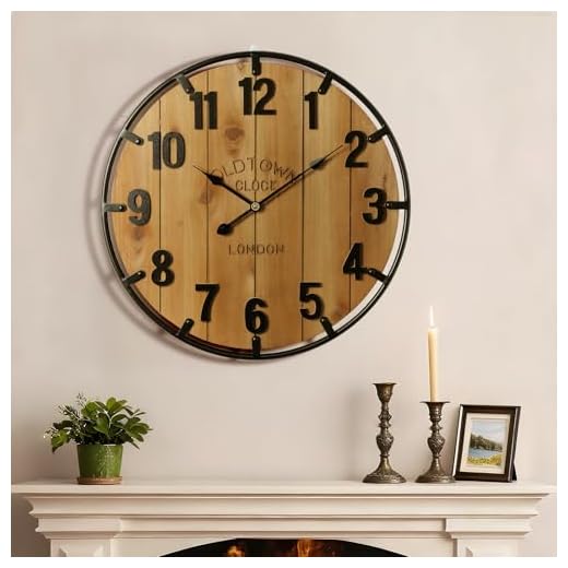 Vantic Farmhouse 24 Inch Extra Large Decorative Wall Clock with Metal Circle, Oversized Wood Wall Clock with Large Arabic Numeral for Living Room, Bedrooms and Offices, Silent and Battery Operated