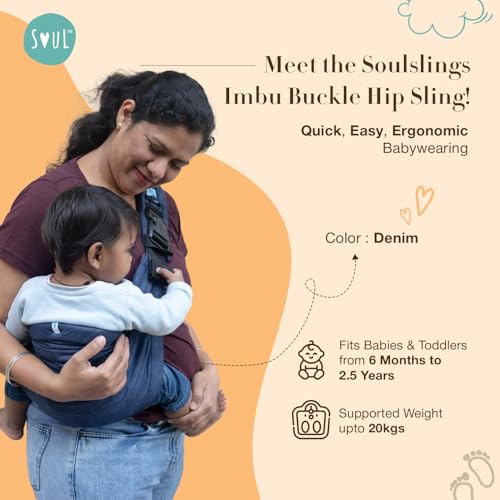 Image of Soulslings Imbu Buckle Hip Sling Baby Carrier -100% Cotton - Denim | Baby Toddler Carrier | Baby Sling Carrier | Lightweight Sling Baby Carrier for Babies & Toddlers | Adjustable for 6 - 30 Months (Upto 20kg)