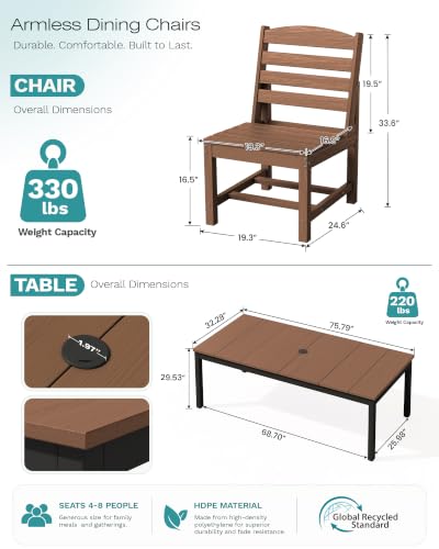 Image of SERWALL Outdoor Dining Set, 9 Piece HDPE Armless Dining Set, Brown