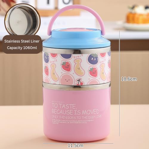 Image of 1060ml Insulated Stainless Steel Lunch Box for Kids & Adults | Double Wall Thermal Food Jar | Leakproof Hot & Cold Tiffin Box with Handle | BPA-Free Food Container for School, Office & Travel (Pink)