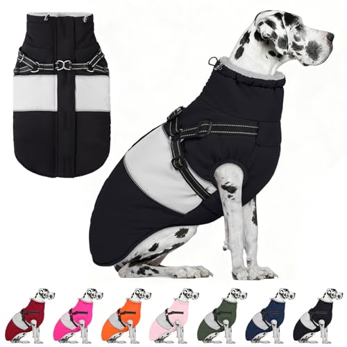 Image of AOFITEE Dog Coats for Large Dogs, Dog Winter Coat, Dogs Coat with Harness Built in, Reflective Waterproof Pet Jacket with Furry Collar, Warm Fleece Pet Sweater for Doberman, Great Dane, Black XXXL