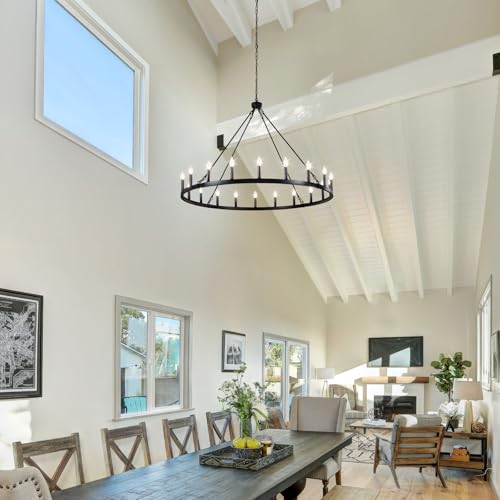 Image of 20-Lights Black Wagon Wheel Chandelier 48 inch Industrial Hanging Light Fixture for Dining Room Farmhouse Round Chandeliers for Living Room Foyer Hallway Kitchen Island Entryway