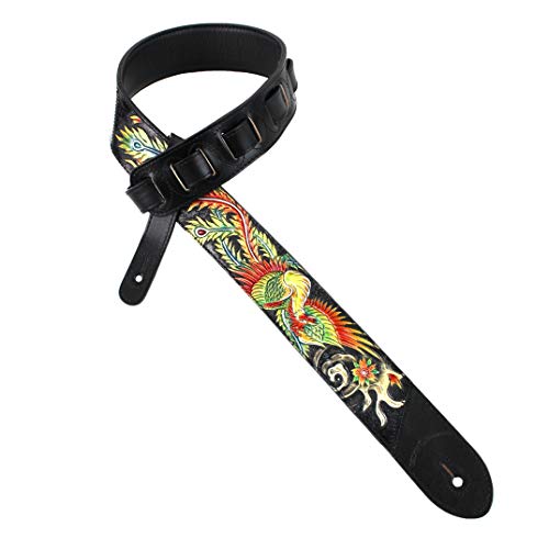 Walker And Williams Kb-31 Skinny Series 2" Wide Flat Black Premium Grain Leather Padded Guitar Strap With Hand Tooled Red And Gold Phoenix Design #TOP27