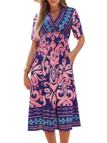 Image of CUPSHE Summer Womens Summer Dresses V Neck Short Sleeve Vacation Casual Smocked Beach Midi Wedding Guest Dress