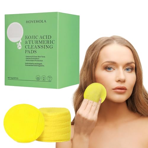 Kojic Acid Cleansing Turmeric Pads: 30 Packs Individually Wrapped Face Makeup Remover - Face Scrub Pads