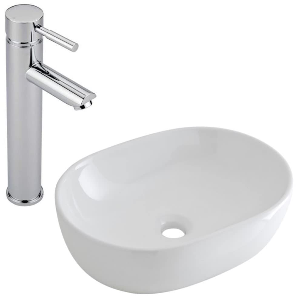 Milano White Overton Oval Countertop Bathroom Basin Sink High Rise Mixer Tap - 590Mm X 425Mm