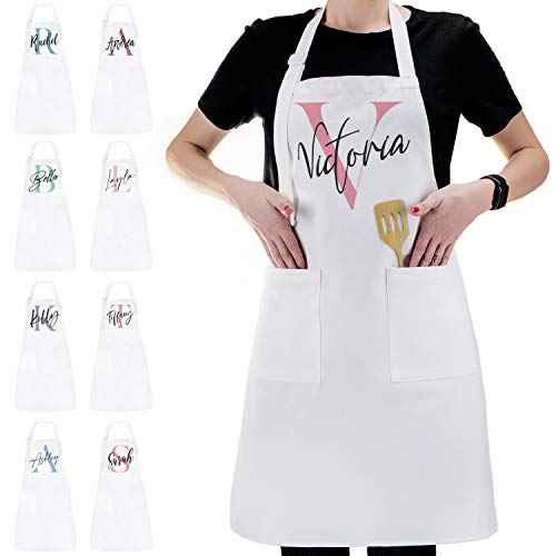 Personalized Initial Name Apron Kitchen Gifts for Women Man - Custom Initial Design Chef Cooking BBQ Grill Baking Barbecue White Aprons - Cute Gifts for Womens Men - Unisex Cotton - Add Your Text -C02