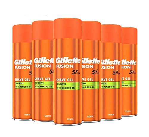 Gillette Fusion5 Ultra Sensitive Shaving Gel for Men with Almond Oil Helps Protect Sensitive Skin Helps Reduce Shaving Irritation Rich Lubricating Foam 200ml x 6 Pack