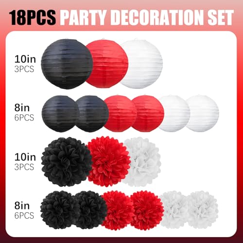 Image of 18 PCS Black Red White Paper Lanterns & Tissue Paper Pom Poms for Birthday, Baby Shower, Wedding, Graduation 2026, Hanging Paper Decor for Fiesta Stranger Theme Party Supplies