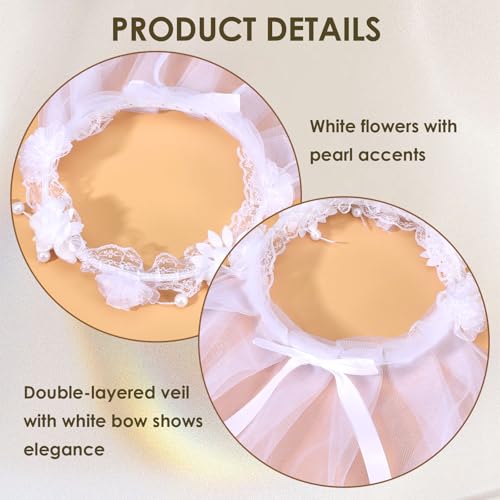 First Holy Communion Veil for Girls Catholic, White Pearl Flower Girl Veils Lace First Communion Headpiece for Girls3