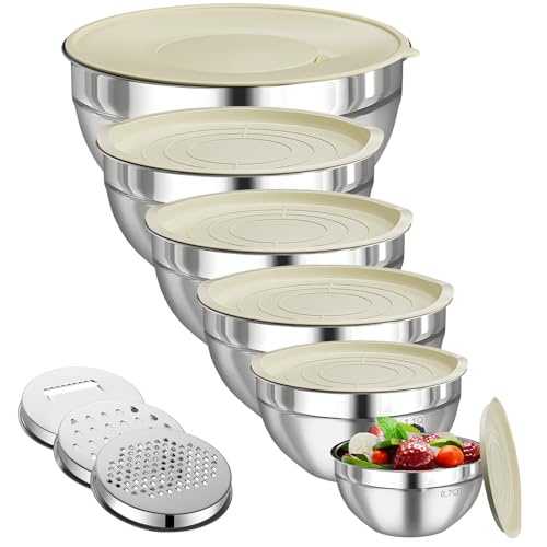 LEIKEEGO Rührschüssel mit Deckel 6er Set, Edelstahl Schüssel Set mit Spritzschutz, Rührschüssel Set mit 3 Reibenaufsätzen, Größe 4.5L, 3L, 2.1L, 1.6L, 1.1L, 0.7L