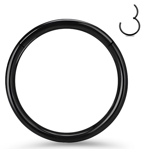 PIERCINGFUN 1Pcs Women Men Black Titanium Nose Rings Hoop 16G 6mm Hinged Septum Piercing Ring Clicker for Nostril Cartilage Helix Daith Tragus Rook Conch Lip Ear Lobe Segment Ring Piercings