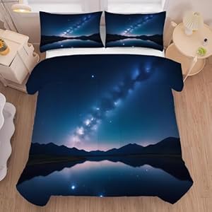 Galaxy Comforter Set King Size Space Bedding for Boys Teen Girls Stars Moon Water Lake Night Stars Moon Bedroom Decor Quilt Bed Sets, 1 Comforter 2 Pillowcases