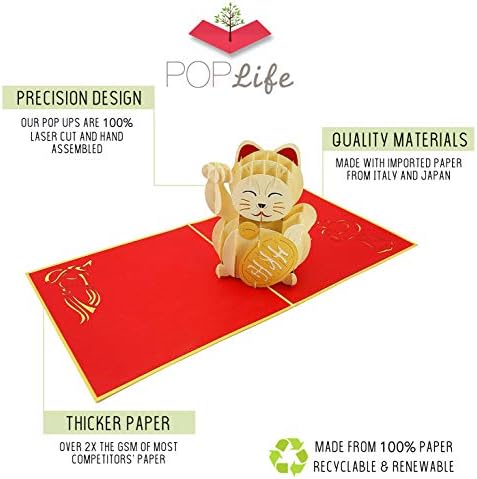 PopLife Maneki-Neko Lucky Cat Pop Up Card, 3D Card for All Occasions - Welcome Display