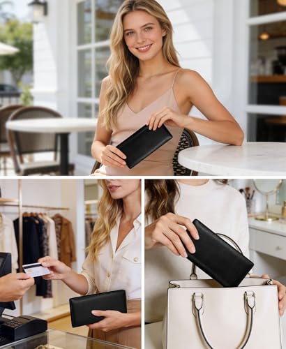 Image of Immaturus Womens Wallet, Blue Black Slim Thin RFID Blocking Credit Card Wallets, Long Bifold PU Leather Card Holder Organizer, Cute Cash Clutch Billfold with Zipper Coin Pocket Ladies Girls Gift