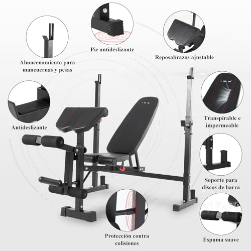 ISE Banco Musculación Plegable con soporte para piernas y brazos, Banco Pesas con rack musculación, Banco Press ajustable con soporte para curl de piernas, Banco De Pesas para barra olímpica - imagen 6