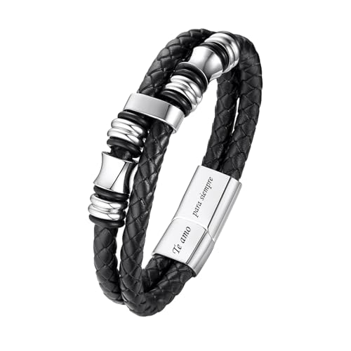 Regalos Pulsera para Hombre Cuero : Regalo Te Amo Para Siempre Pulsera, Pulsera Hombre con cierre magnético extraíble de acero inoxidable, Regalo Novio, Aniversario, Navidad, Joyero Incluido, Plata