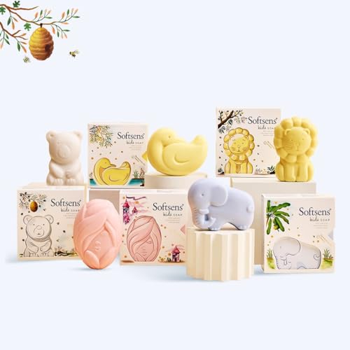 Softsens Assorted Kids Soap 75g each ( Pack of 5 x 75g) | Gentle Nourishing Care with Shea Butter & Natural Milk Cream, Dermatologist Tested Baby Soap, Moisturizing Animal Shape Bar Soap For Toddlers & Kids 2-10 Years