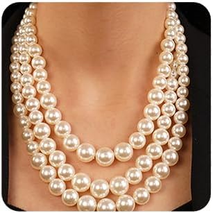 Vintage 1920s Large Collar Choker Necklace & Earring Set - Simulated Pearl Statement & Multi Strand Chunky Pearls Costume Jewelry for Wedding or Special Occasion