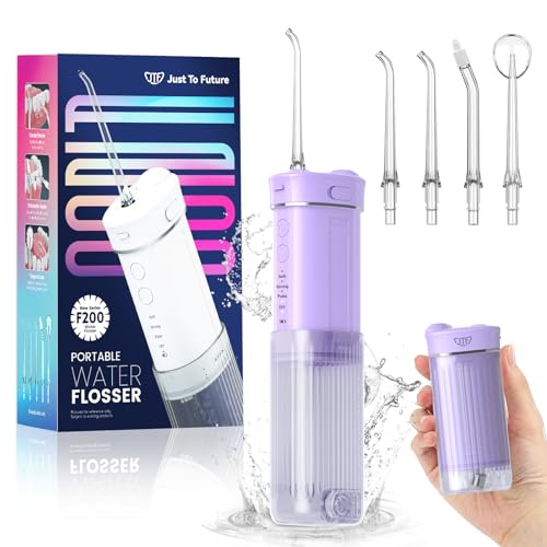 JTF Irrigador Bucal Mini, Portátil Dental Limpieza Eléctrica Inalámbrico Viaje con 5 Boquillas, 4 Modos de Pulso, 230 ML Depósito de Agua Retráctil, IPX7 Resistente Al Agua (Morado)