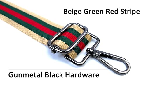Image of Beige Green Red Stripe Purse Strap with Gunmetal Black Hardware 1-1 /2 Inch Wide Replacement Crossbody Guitar Style Shoulder Strap for Handbags Totes