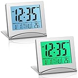 Highergo 2 Pcs Digital Travel Alarm Clock with Backlight Foldable Calendar Temperature Timer LCD Clo
