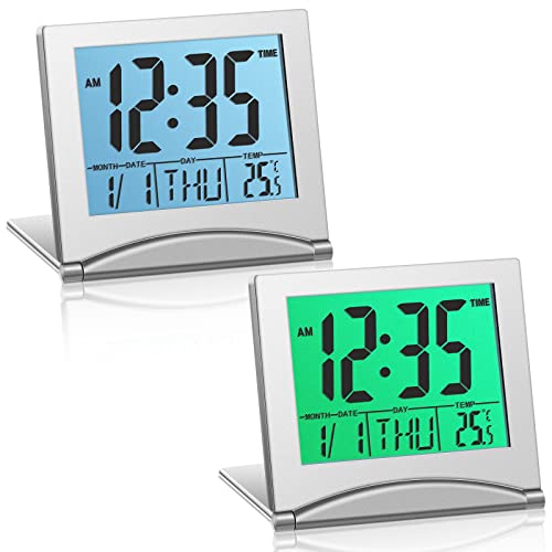 Highergo 2 Pcs Digital Travel Alarm Clock With Backlight Foldable Calendar Temperature Timer Lcd Clock Snooze Mode Battery Operated Portable Large Display Desk Clock (Green And White Backlight) #TOP16
