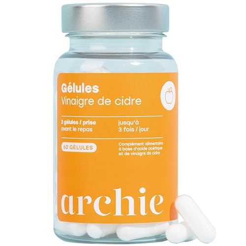 Archie, Gélules Vinaigre de Cidre Biologique, avec Acide Acétique - Naturel, vegan, sans gluten, sans sucre. Cure de 1 mois. 60 capsules. Made in France.