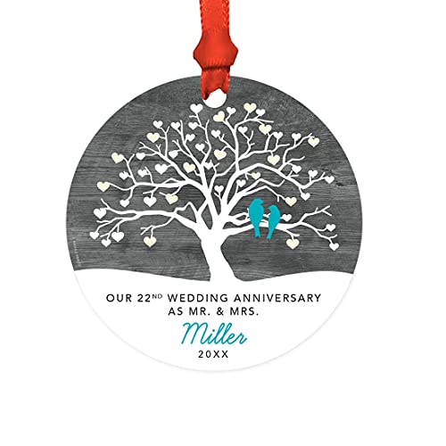 Andaz Press Personalized Round Metal Keepsake Christmas Ornament Gift, Our 22nd Anniversary as Mr. & Mrs. Miller Names Date 2026, 1-Pack, Custom, Includes Ribbon and Gift Bag