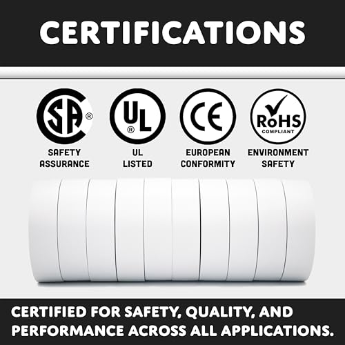 Image of TradeGear White 10 Pack - UL Listed Colored Electrical Tape, 60 ft x 3 /4 in, 600V, Flame Retardant, Waterproof, Rubber Adhesive - Phase Marking, Wire ID, Automotive