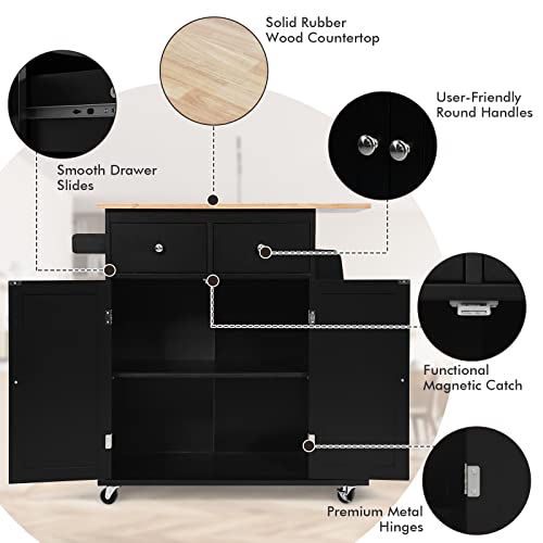 Costway Kitchen Island On Wheels, Utility Trolley Cart With Adjustable Shelf, 2 Drawers, 3-Tier Spice Rack, Towel Rack, 2-Door Cabinet, Rubber Wood Countertop, Lockable Casters For Dining Room (Black) #TOP2