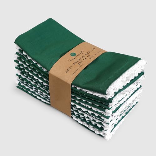 Image of FINGERCRAFT Lace Trim Cloth Napkins Set of 12, 20x20 Inch 100% Cotton Dinner Napkins, Reusable Washable Table Napkins for Wedding, Farmhouse Dining, Parties & Home Decor (Eden Green)