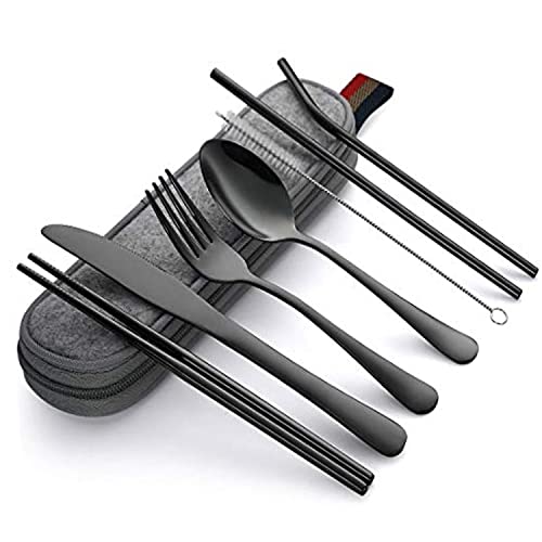 U10SIL Premium 8-Piece Travel Cutlery Set – Stainless Steel Portable Utensils with Case | Reusable, Eco-Friendly Camping, Picnic & Office Flatware Kit | Camping Cutlery Set for Travel (Black)