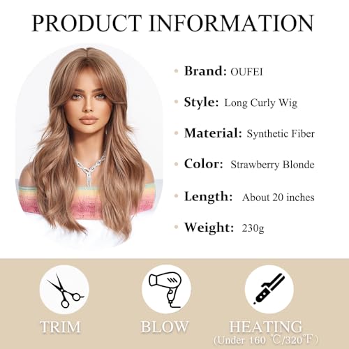 OUFEI Long Strawberry Blonde Wig With Curtain Bangs Natural Wavy Wigs for Women Natural Synthetic Hair Heat Resistant Wigs for Daily Party Cosplay Wear - Image 2