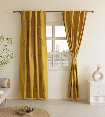 Image of THE LINEN COMPANY Duck Canvas Printed Curtains 7.5 Feet, Premium Leaf Design Curtains for Home, 7.5ft Set of 2, Blue Leaf on Mustard