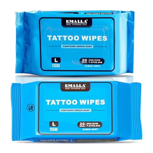 Emalla Green Soap Tattoo Wipes, 40 Count L All in One Premium Cleaning Wipes to Clean Skin During Tattooing and Aftercare 7.87'x5.9' Natural Formula Tattoo Supplies (2 Pack)