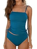 CUPSHE Women's Tankini Set Two Piece Swimsuit High Waisted Adjustable Straps Ruched Ribbed Side Drawstring, S Teal