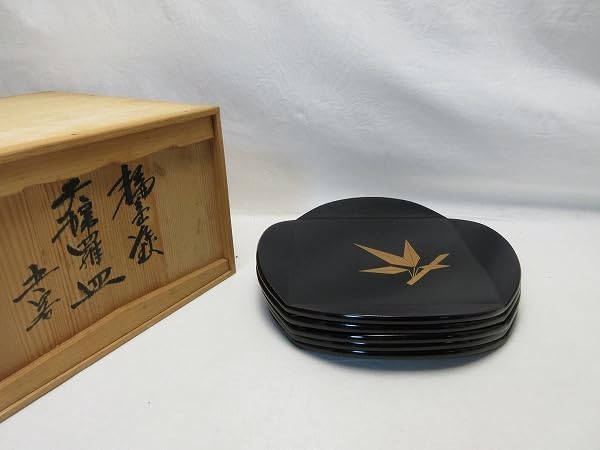 茶道具 輪島塗 木製黒真塗 金彩蒔絵 天麩羅皿 干菓子皿 5客揃 共