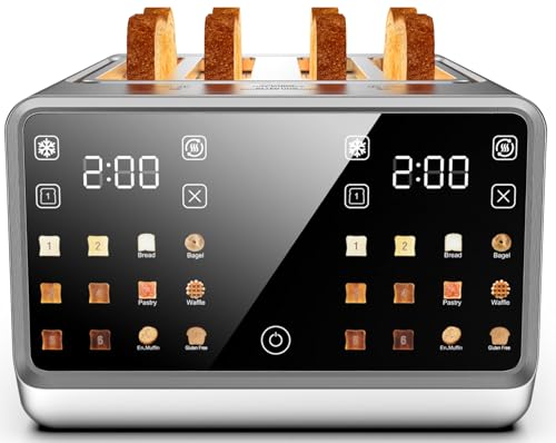 4 Slice Toaster– Dual Digital Smart TouchScreen & Independent Control Panel | Single-Slot Tech, Timer/Reheat/Defrost for Bagels, Bread | 1800W Stainless Steel, 6 Toast Types & Shade Settings