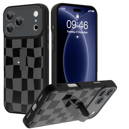 SOKAD for iPhone 18 Pro Max Case with Finger Strap Stand, Black Checkered
