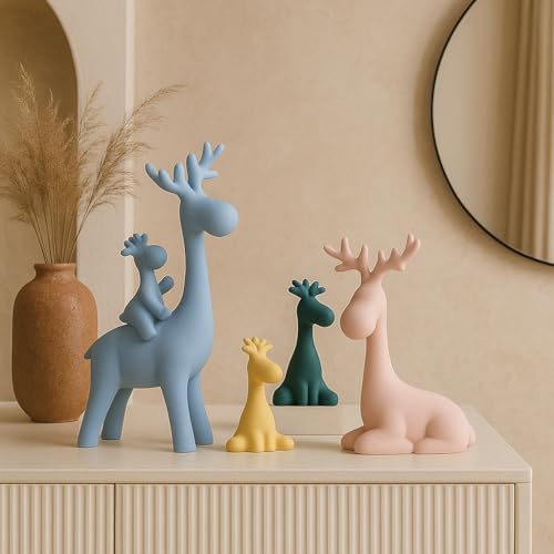 Image of Xtore Nordic Style Ceramic Deer Figurines | Minimalist Decorative Statue | Modern Home Accent for Living Room, Bedroom, Office - (Set of 4, Pastel Colors)