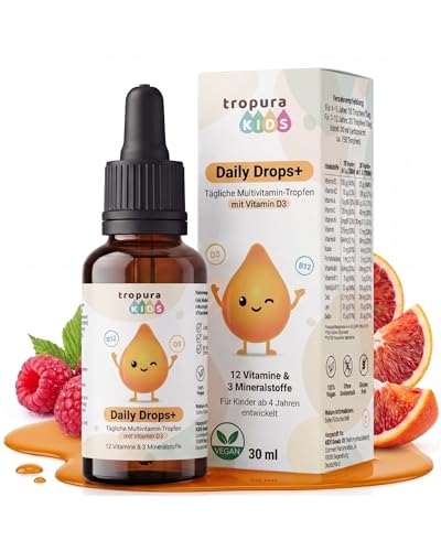 Tropura Daily Drops+ Multivitamin Tropfen für Kinder I Vegan I mit D3 K2 C B12 Zink & Jod I 12 Vitamine & 3 Mineralstoffe I Flüssige Vitamine für Kinder ab 4 Jahren I bis zu 75 Tage I Laborgeprüft